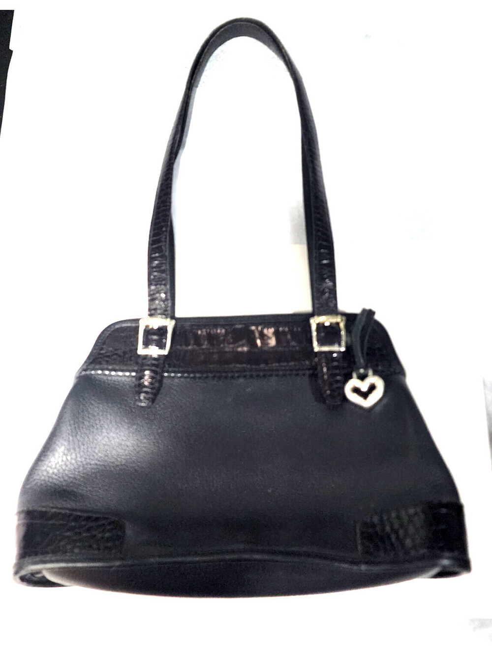 Brighton Chantilly Vintage Black Leather Shoulder Bag Silver Heart Charm A301023